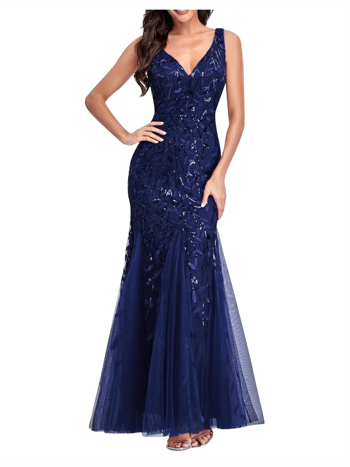 Navy Blue mermaid maxi formal dress with one-shoulder neckline, full-length front view