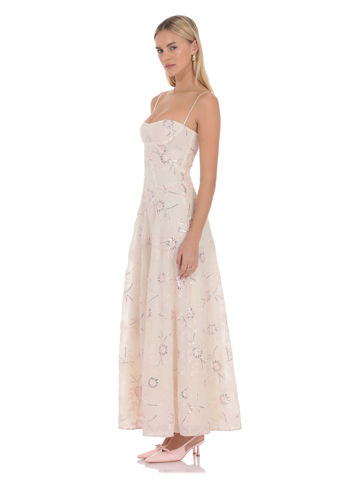Ivory bridesmaid dress with a-line silhouette and maxi length