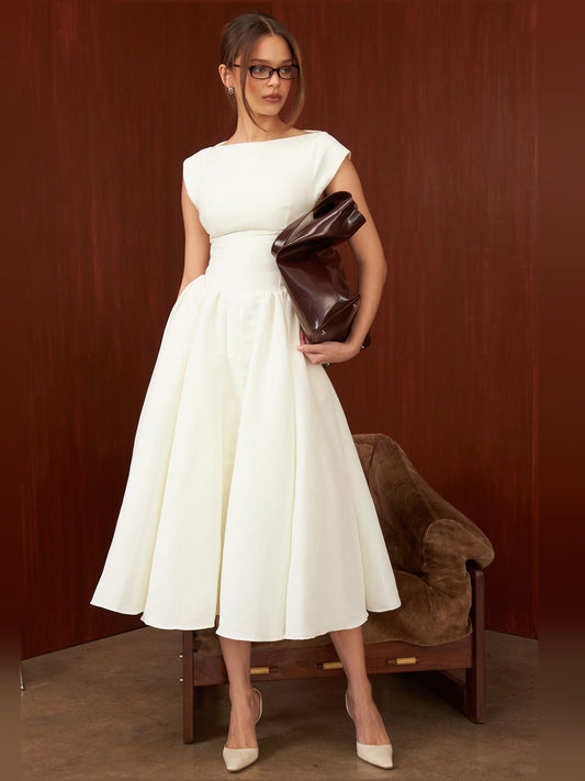 Ivory midi formal dress, full-length front view