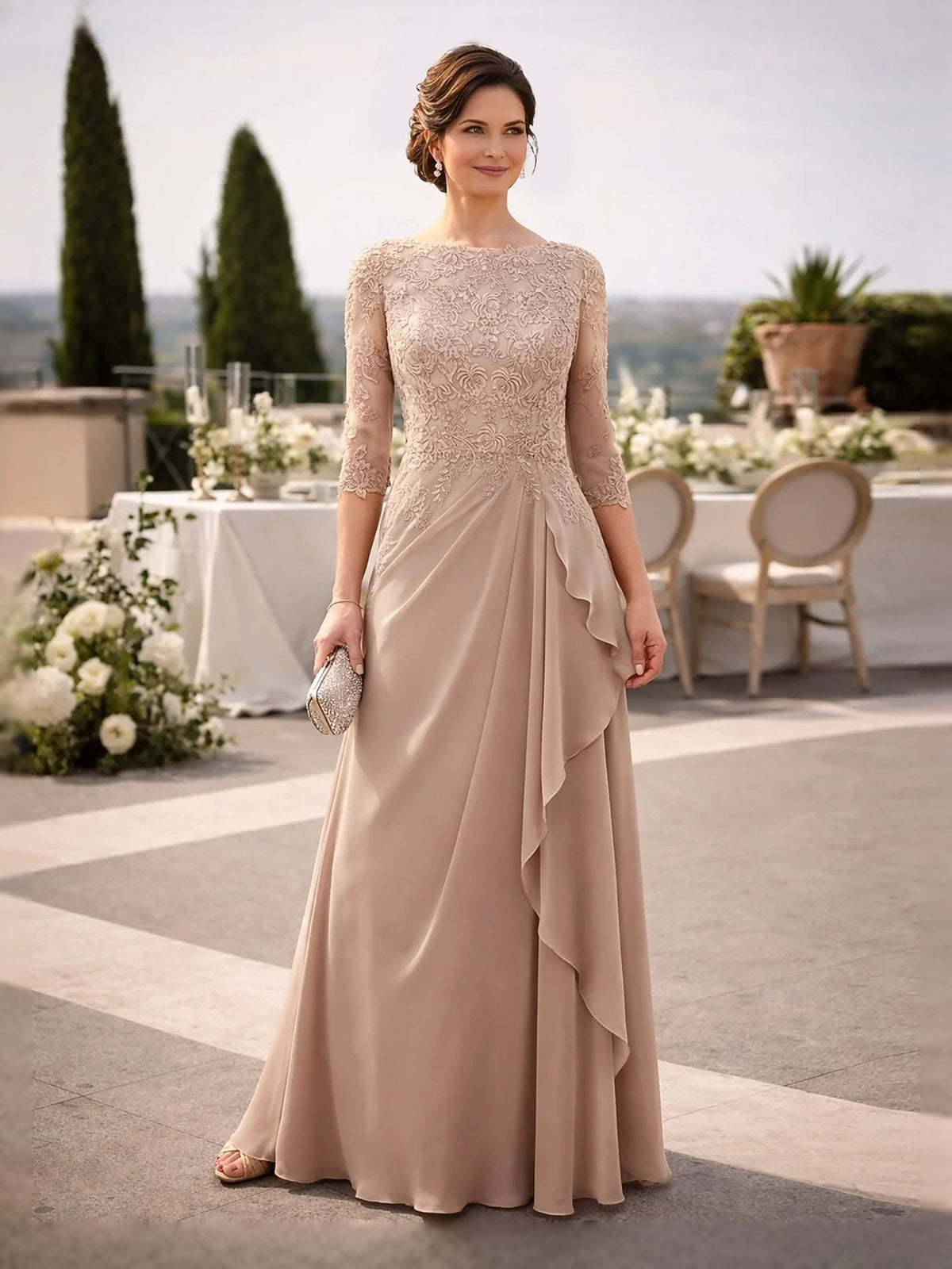 Taupe A-line floor-length chiffon mother-of-the-bride dress with ruffled drape and lace sleeves