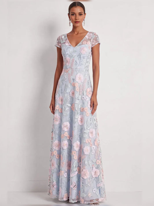 Light blue floral print V-neck maxi dress with short sleeves