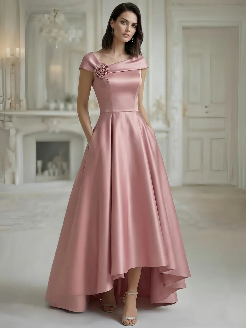 Dusty rose one-shoulder A-line formal dress with rosette detail, floor length