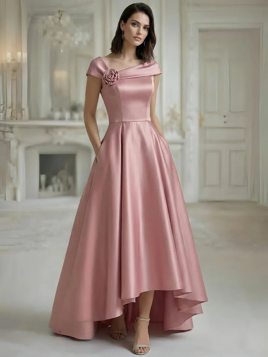 Dusty rose one-shoulder A-line formal dress with rosette detail, floor length