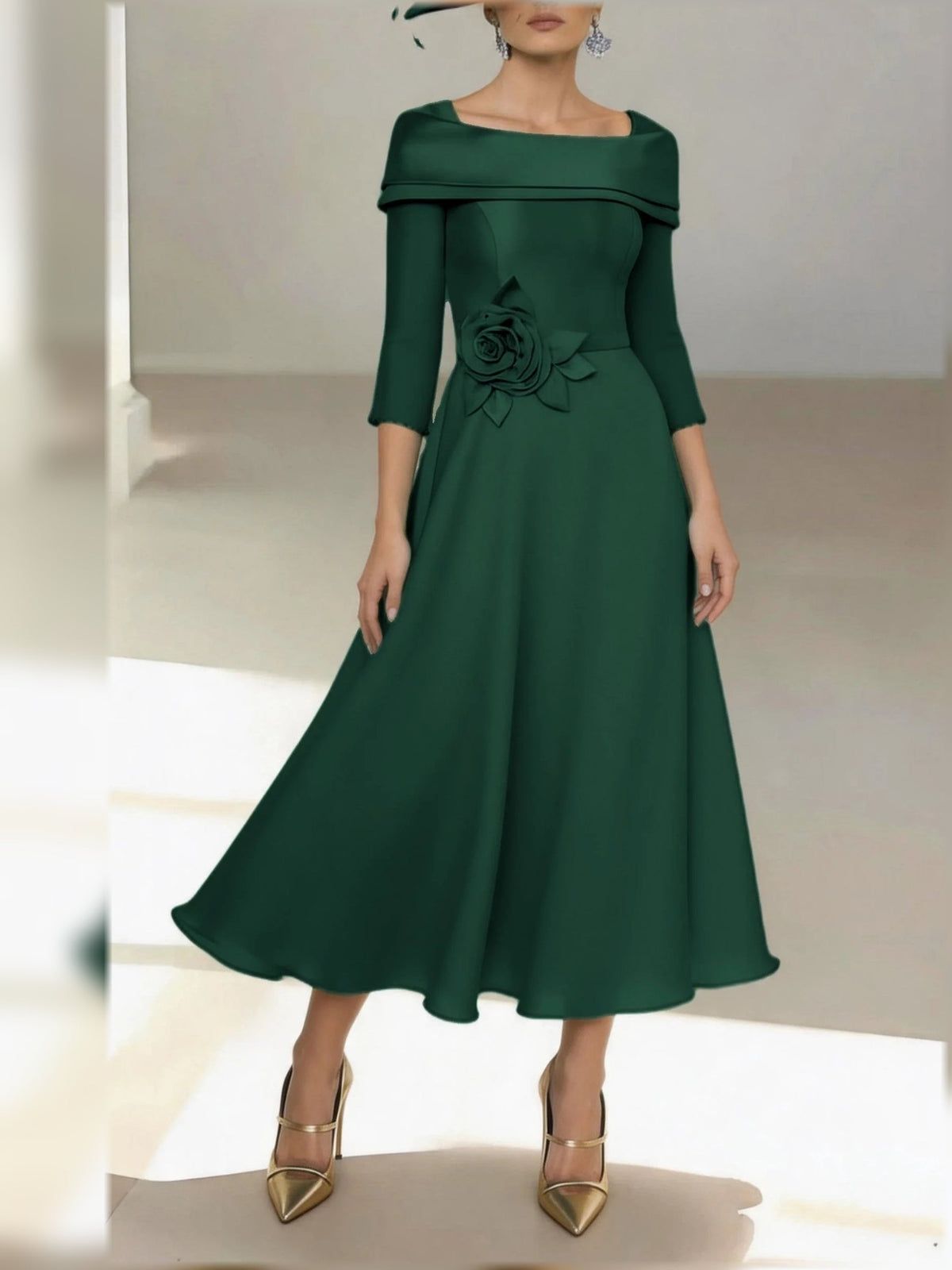 Emerald green off-shoulder A-line midi satin dress with floral waist detail