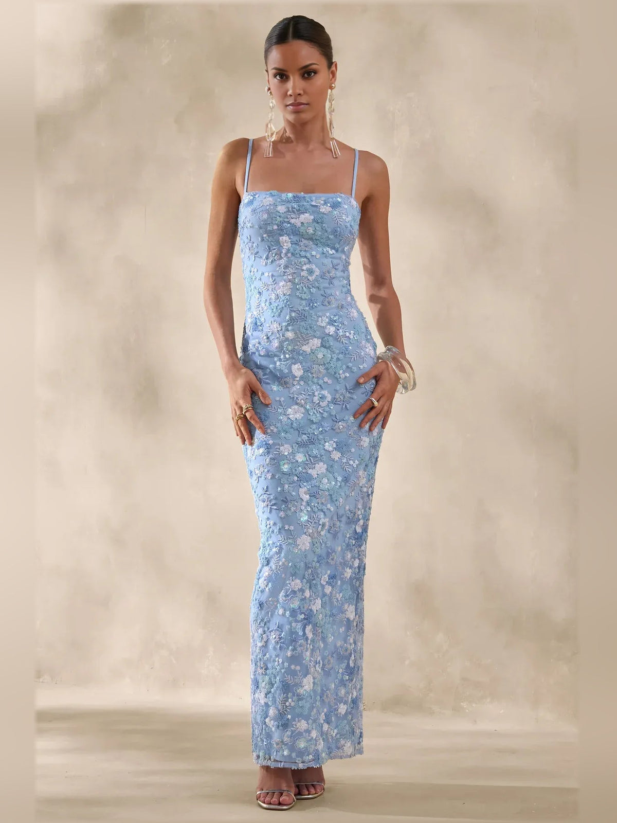 Blue floral print spaghetti strap formal dress with slit, floor-length fitted silhouette