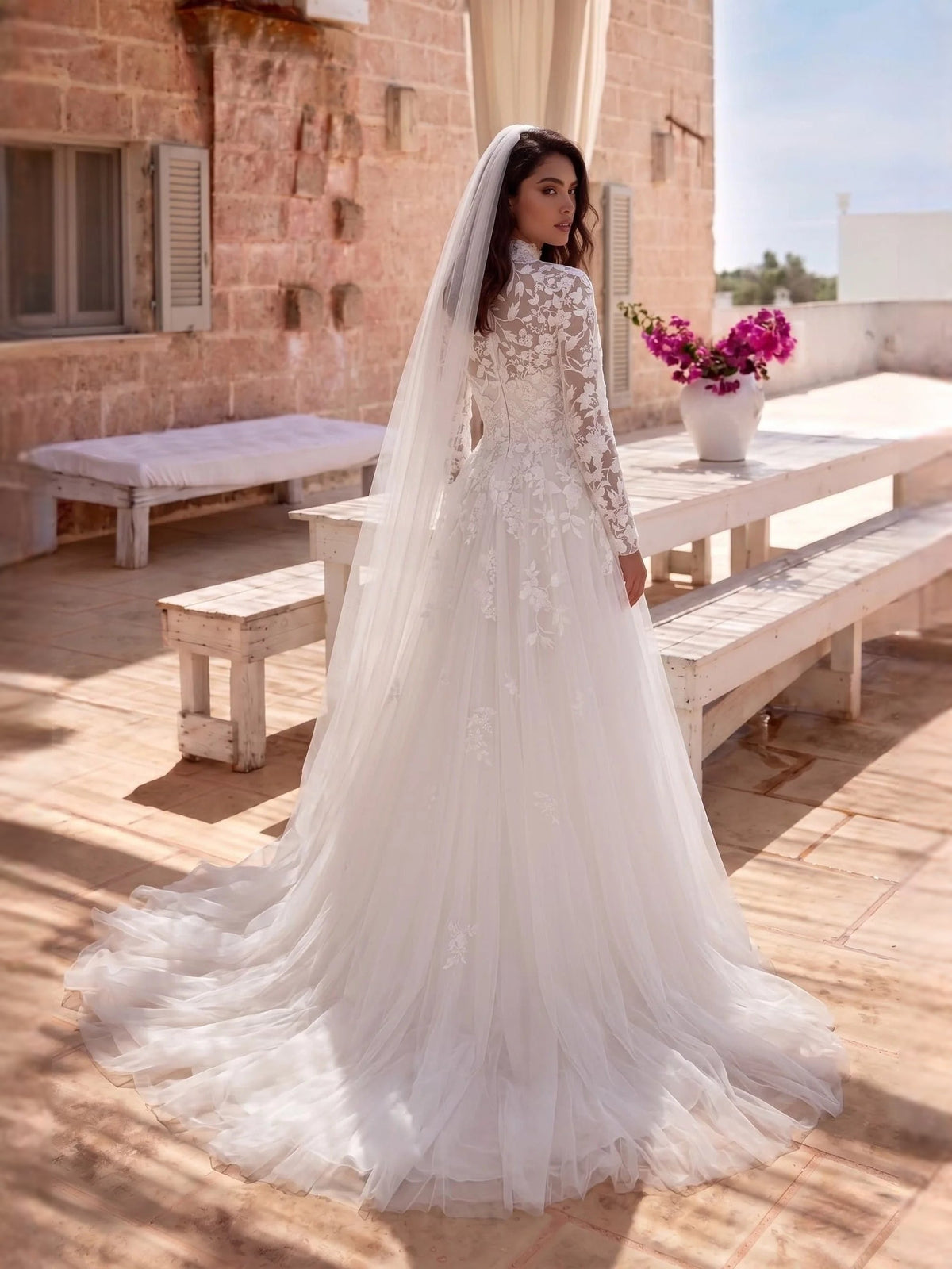 Ivory high-neck embroidered lace tulle A-line wedding dress with long sleeves and veil