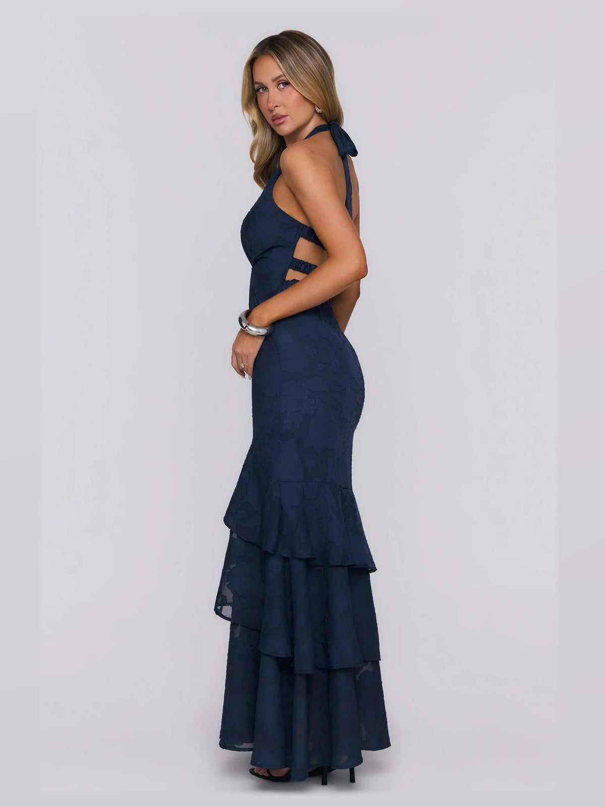 Navy formal dress with a-line silhouette and maxi length