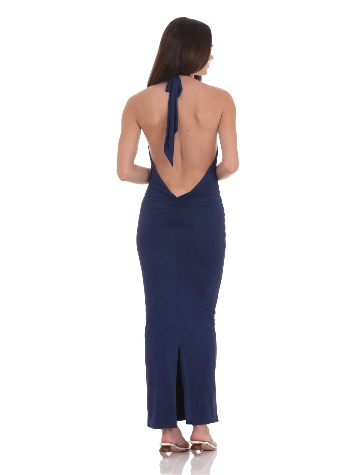Navy bridesmaid dress with a-line silhouette and maxi length