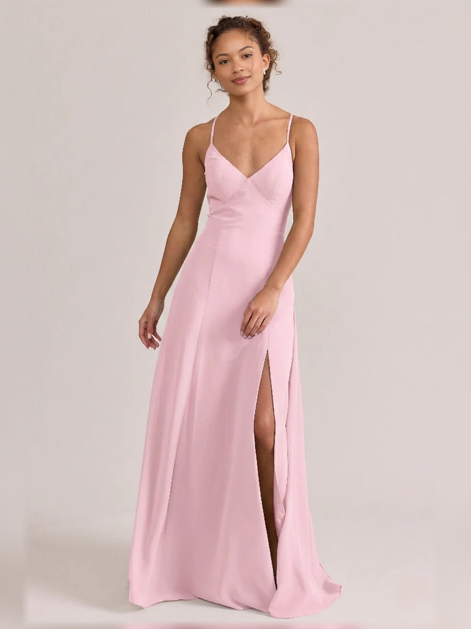 Pink V-neck A-line maxi chiffon bridesmaid dress with spaghetti straps and front slit.