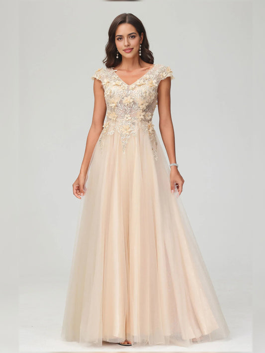 Champagne floor-length formal dress with V neck, floral appliqué and cap sleeves
