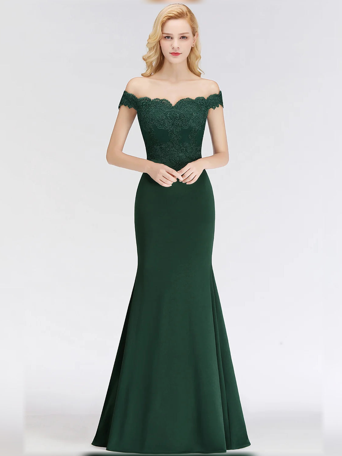 Dark green off-shoulder mermaid satin dress with lace bodice, floor-length