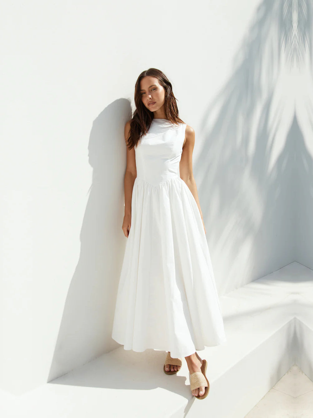White a-line maxi formal dress with square neckline, full-length front view