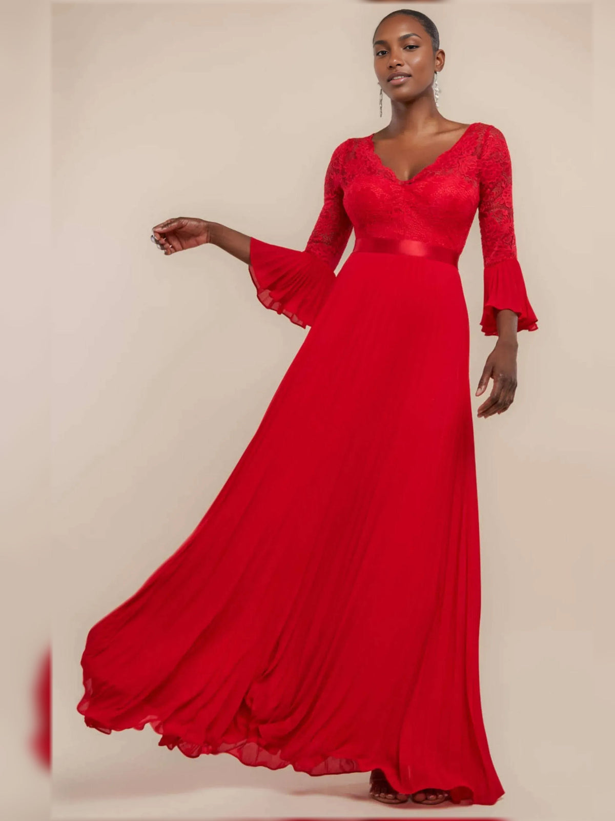 Red V-neck maxi A-line mother dress with lace bodice and satin skirt, flared sleeves