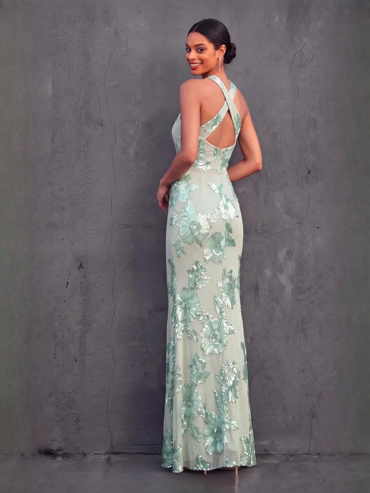 Ice blue halter corset prom dress with floral 3D appliques, A-line floor length