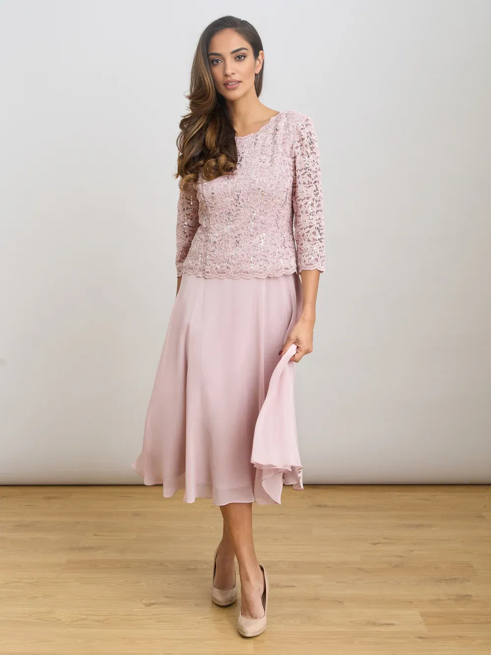 Dusty pink sequin A-line midi chiffon mother-of-the-bride dress with 3/4 sleeves