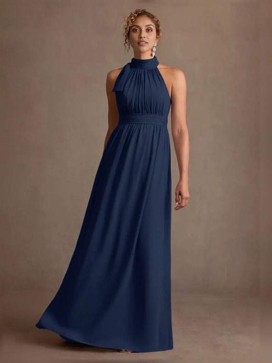 Navy halter-neck ruched A-line maxi dress