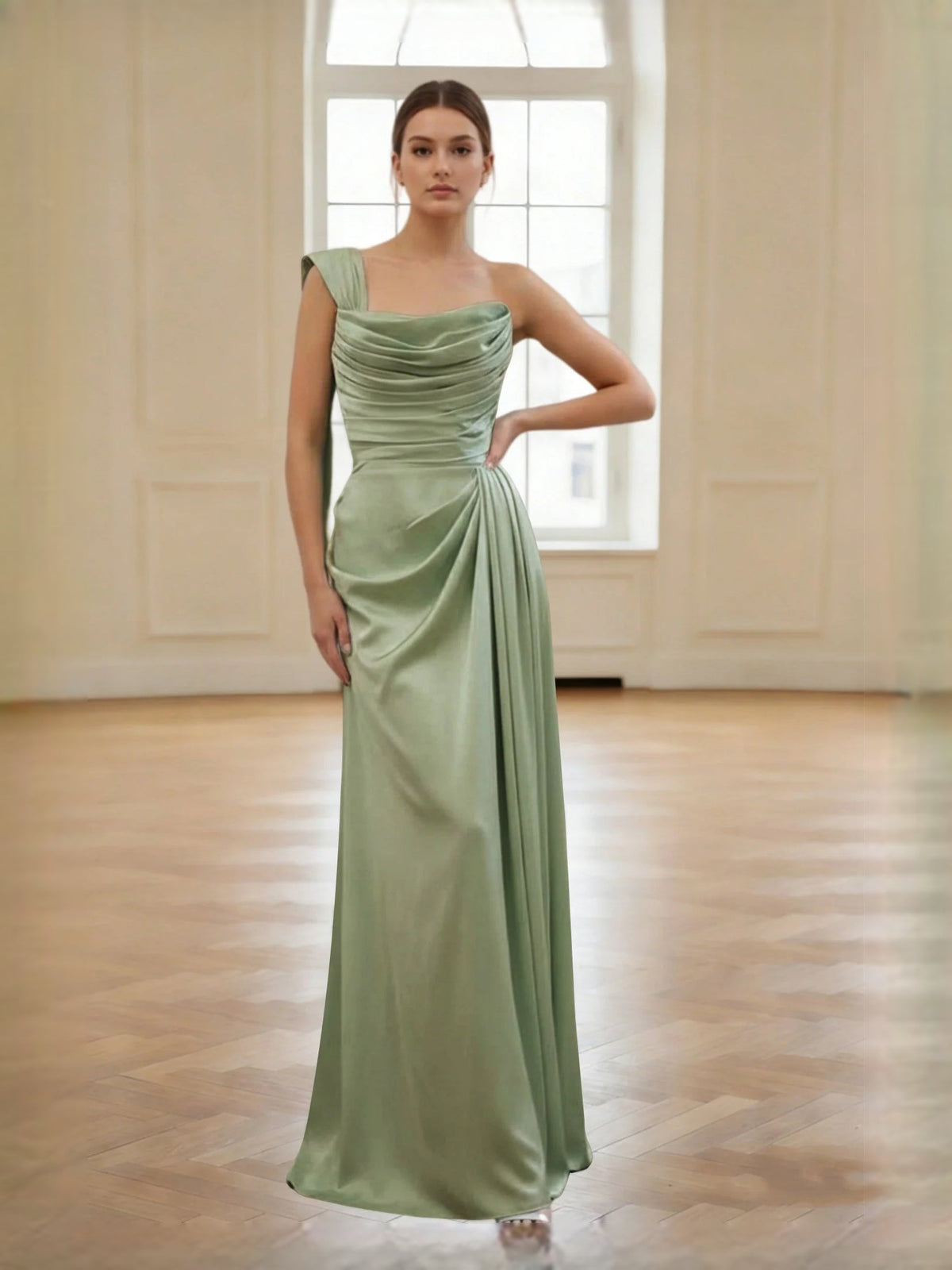 Sage green ruched one-shoulder satin sheath gown with draped pleats, floor-length