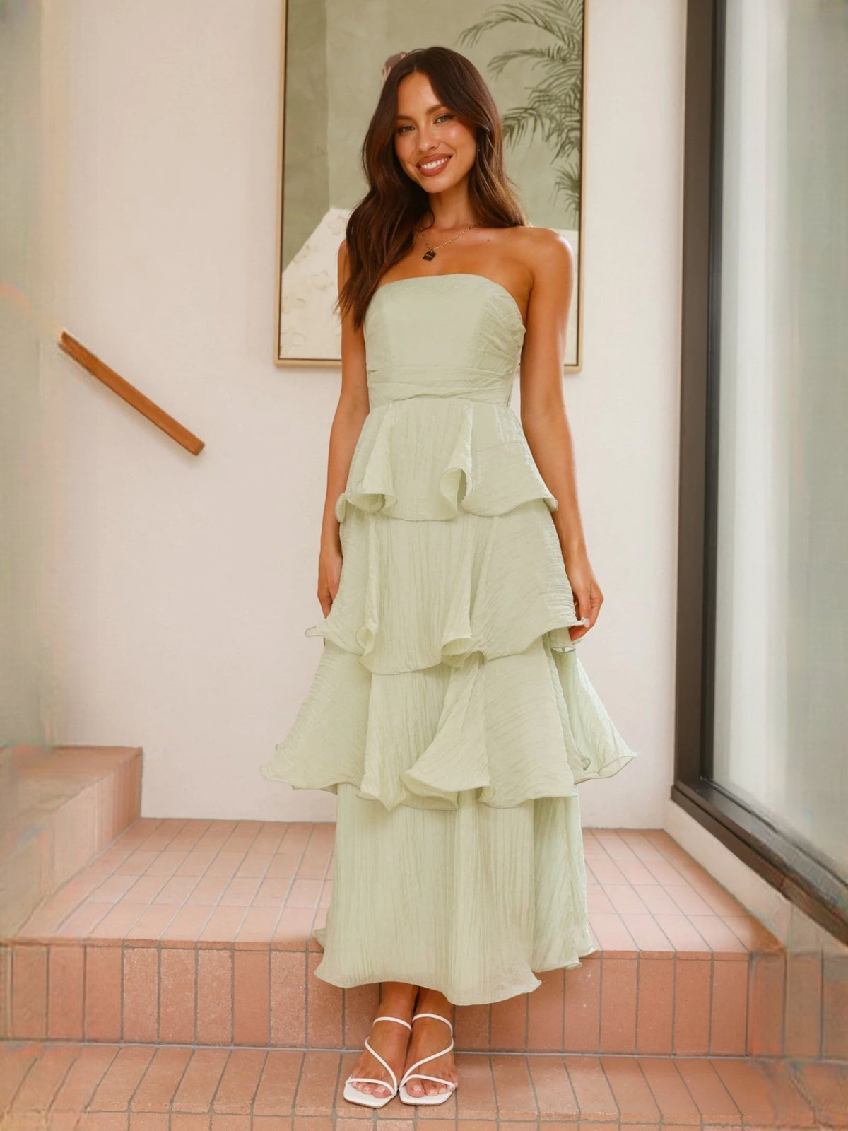 Sage Green a-line maxi formal dress with off-the-shoulder neckline, full-length front view
