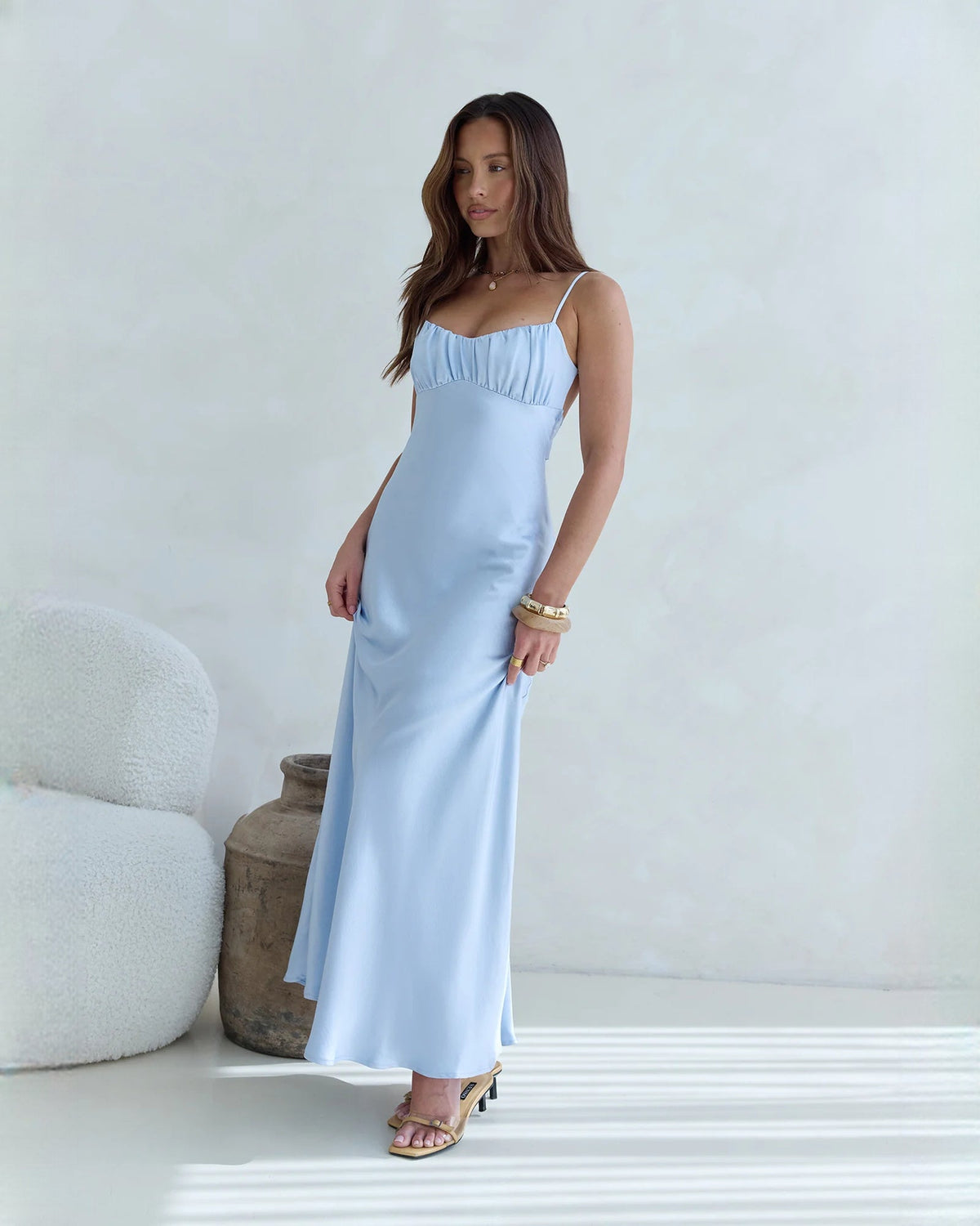 Light blue satin A-line maxi bridesmaid dress, ruched bodice and spaghetti straps