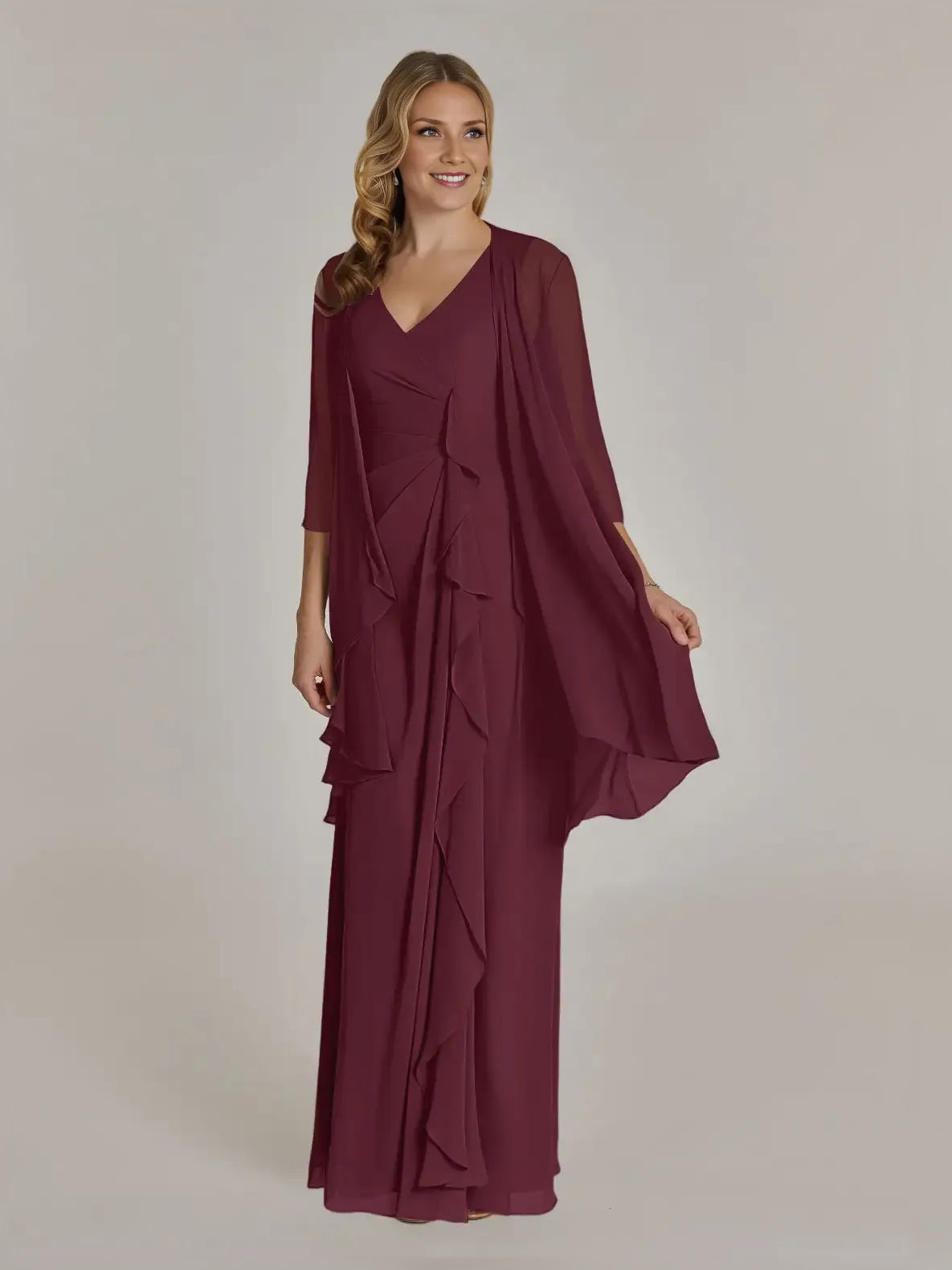 Cabernet layered chiffon maxi dress with V-neck, sheath silhouette, and draped ruffle sleeves
