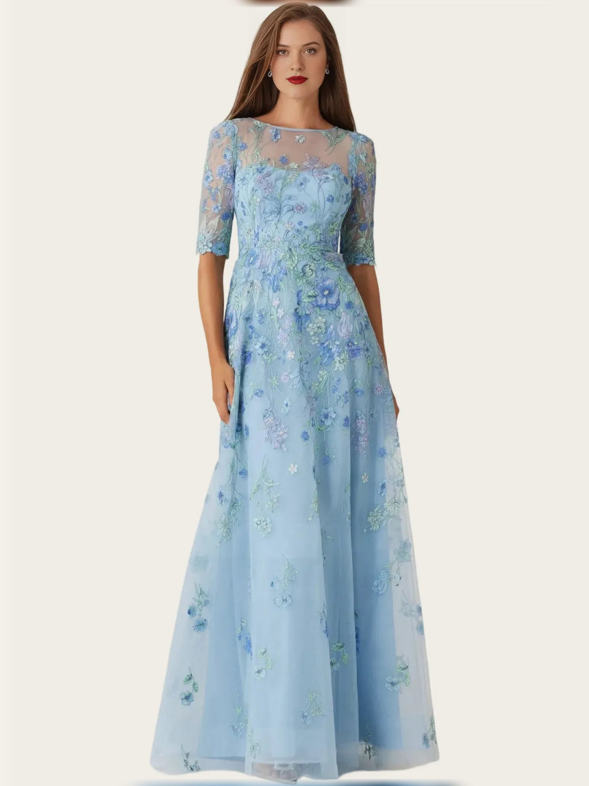 Light blue embroidered tulle A-line maxi dress with round neck and 3/4 sleeves