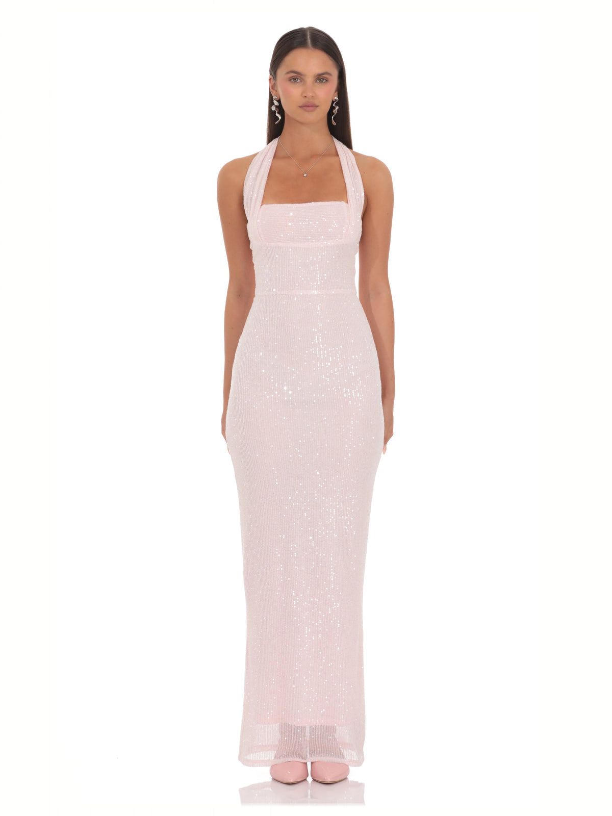 Blush Pink bridesmaid dress with a-line silhouette and maxi length