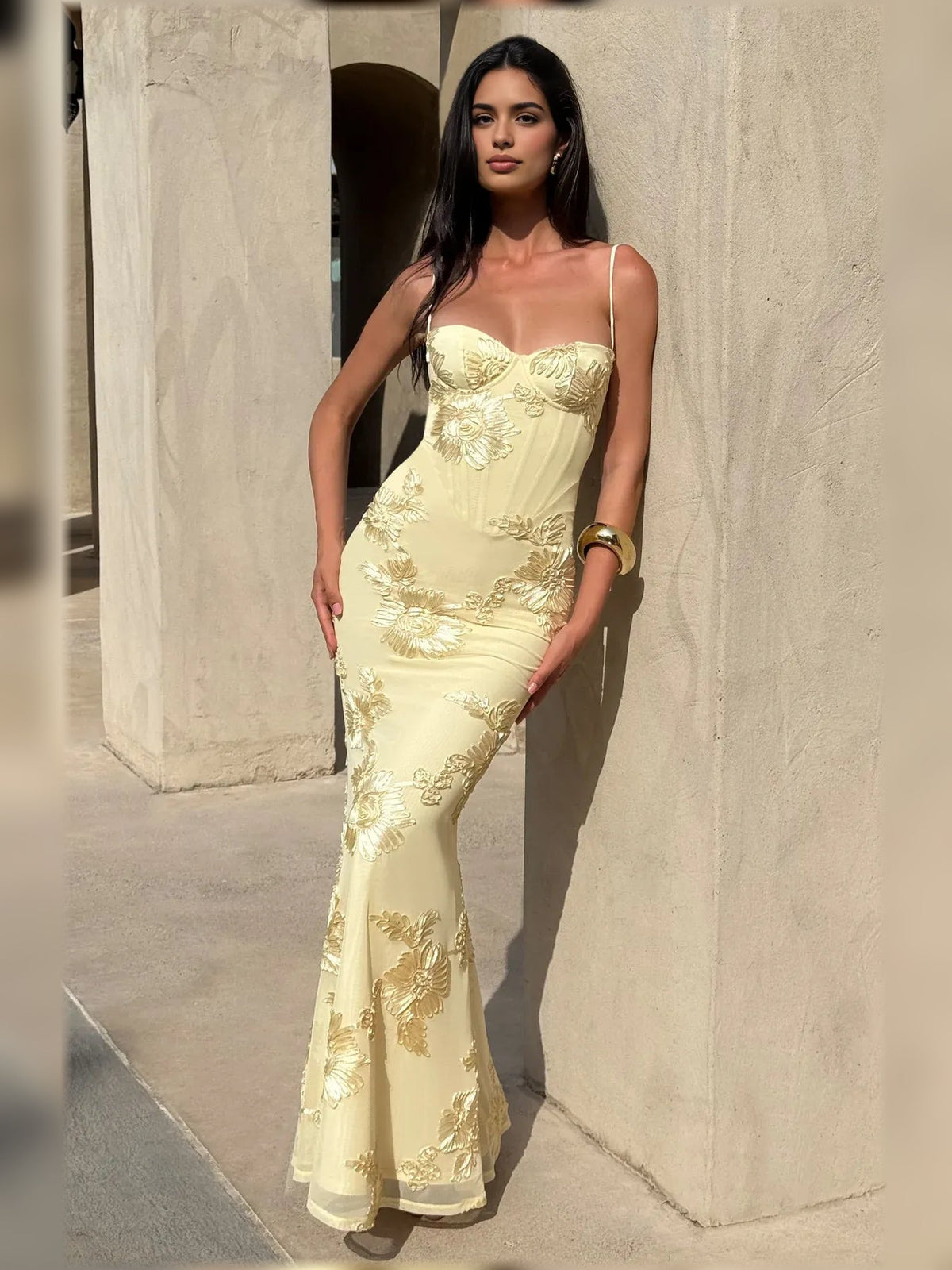 Pale lemon sweetheart corset formal dress with gold floral embroidery, floor length