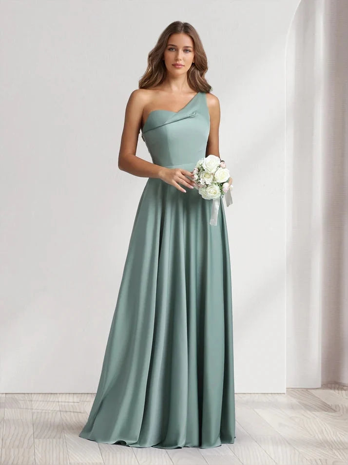 Dusty sage one-shoulder A-line prom dress, floor-length satin with draped bodice