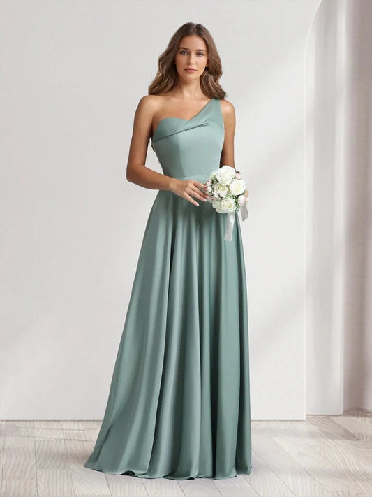 Dusty sage one-shoulder A-line prom dress, floor-length satin with draped bodice