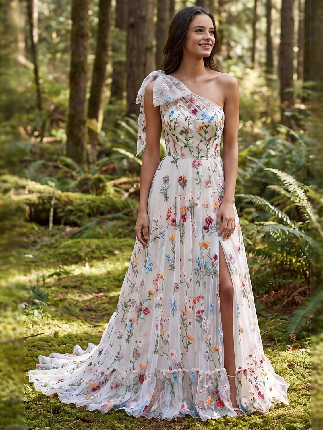 Ivory one-shoulder floral tulle A-line bridesmaid dress with ruffle slit hem