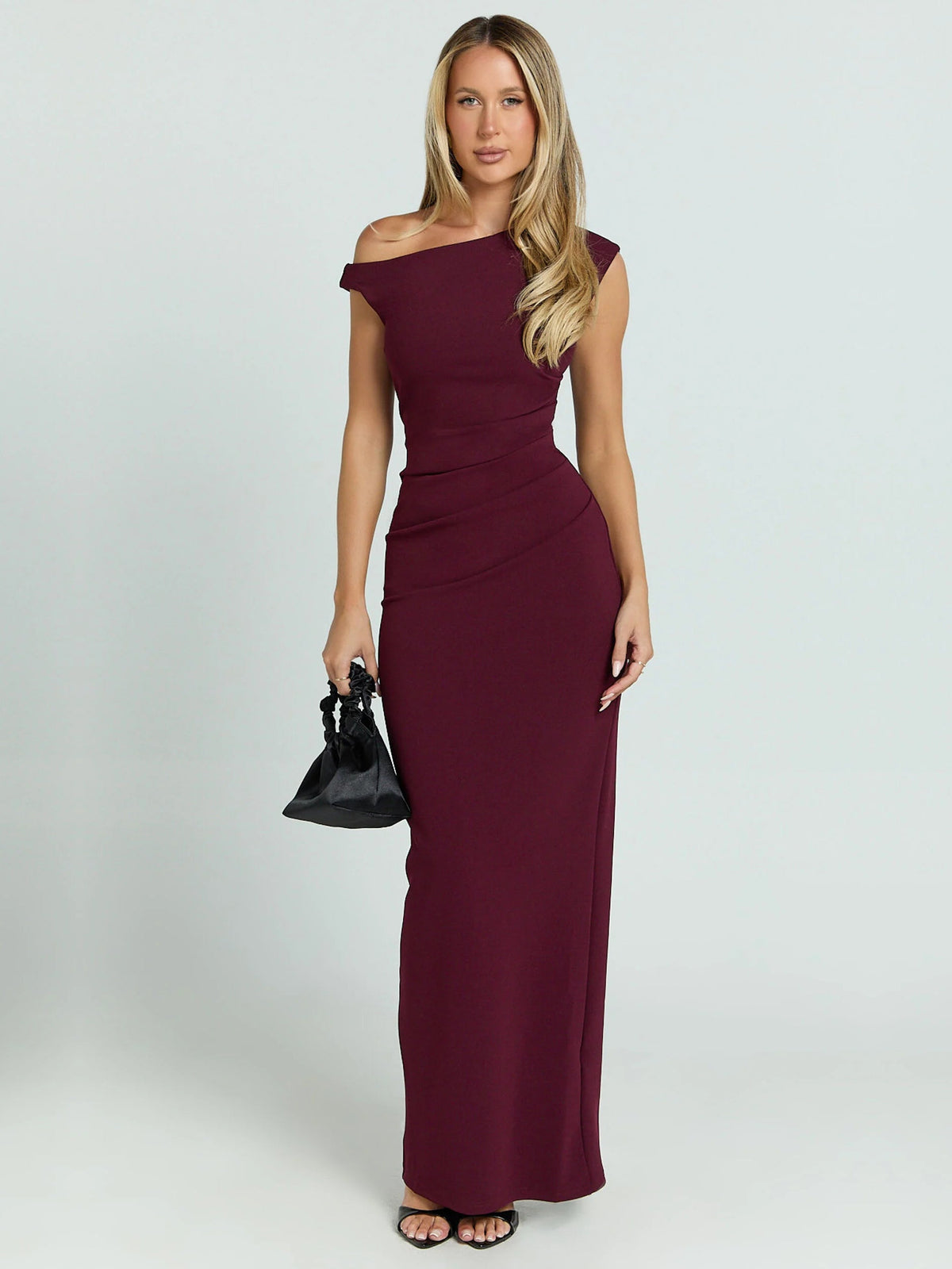Wine sheath maxi formal dress with off-the-shoulder neckline, full-length front view