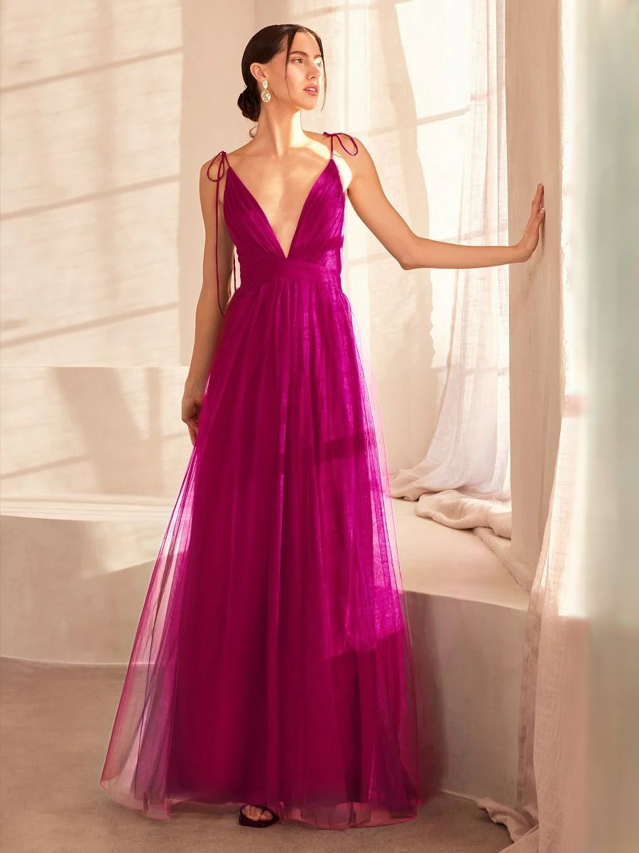Fuchsia draped V-neck A-line maxi tulle prom dress with tied shoulder straps