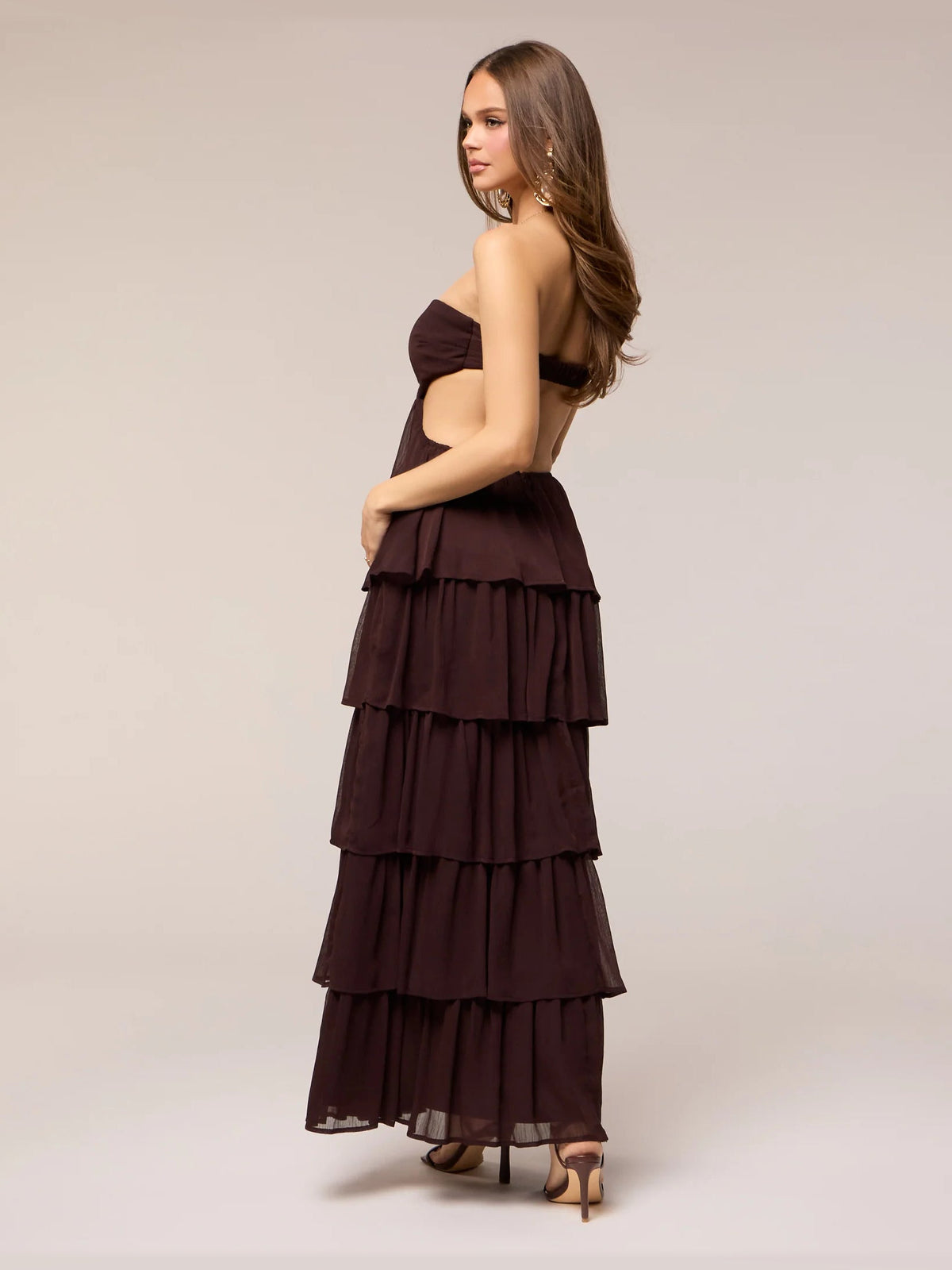 Brown formal dress with a-line silhouette and maxi length