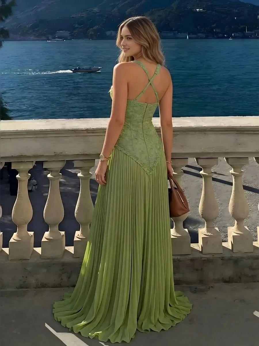 Green pleated sweetheart A-line maxi chiffon dress with corset bodice