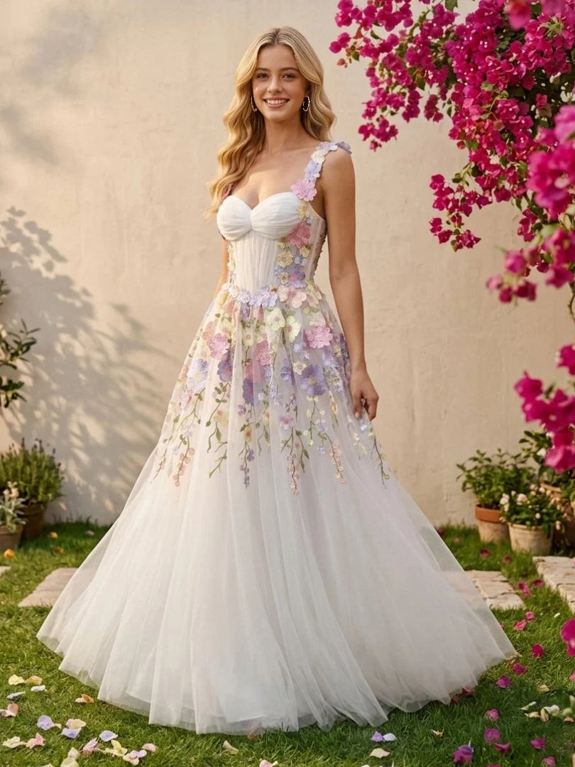 Ivory floral sweetheart A-line tulle wedding dress with ruched corset bodice