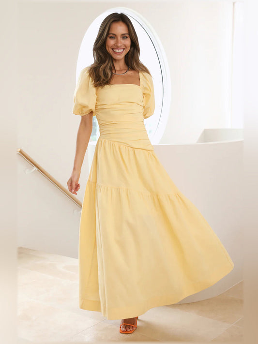 Yellow midi formal dress with square neckline, puff sleeves, tiered skirt