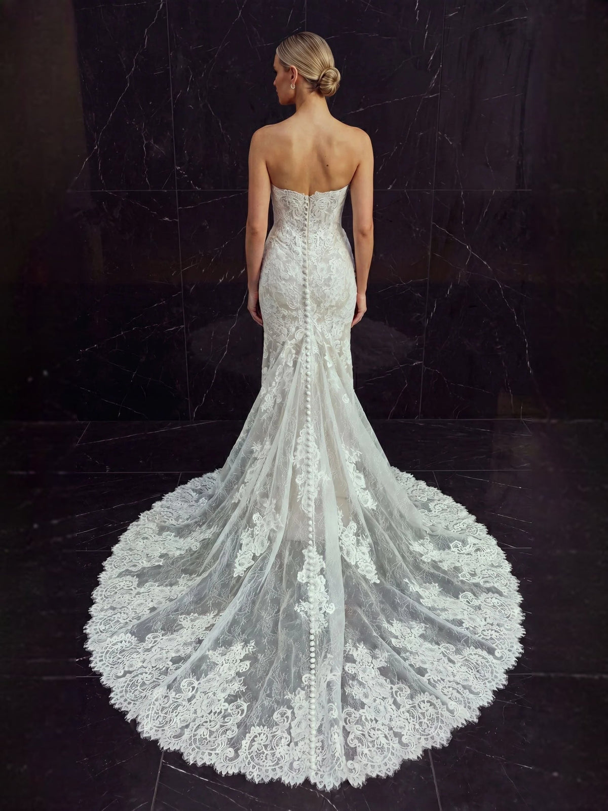 Ivory lace mermaid wedding dress with sweetheart neckline and sheer lace back