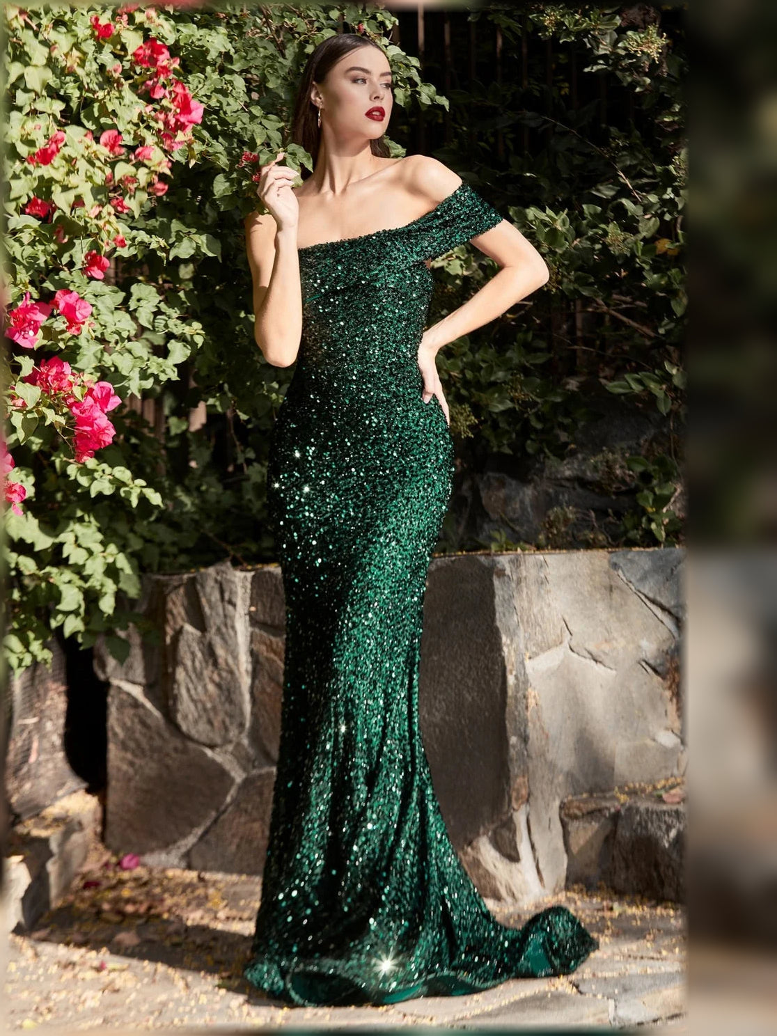 Dark green one-shoulder sequin mermaid formal dress with cutout neckline, floor-length.