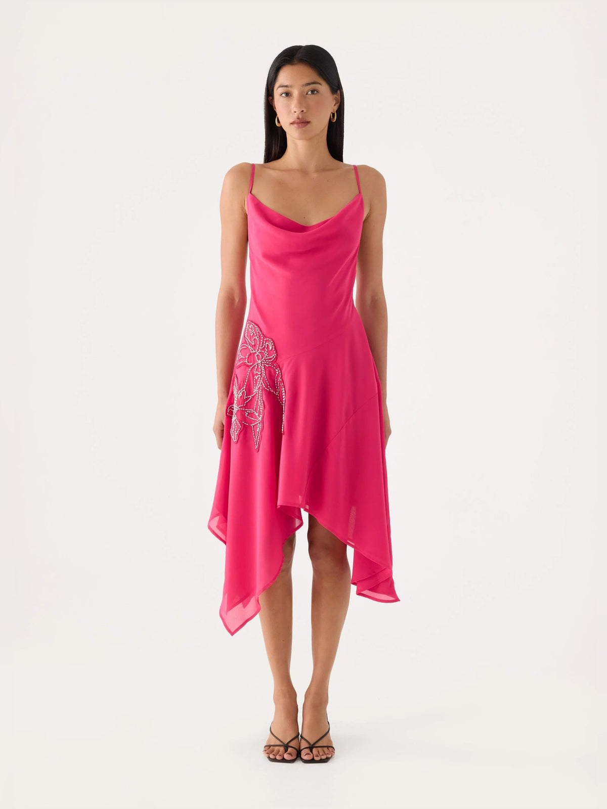 Fuchsia beaded midi dress with asymmetric draped hem and thin shoulder straps