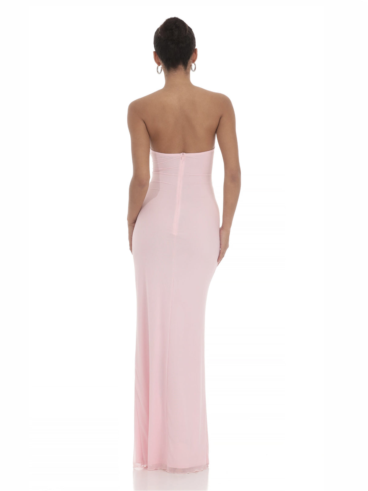 Pink bridesmaid dress with a-line silhouette and maxi length