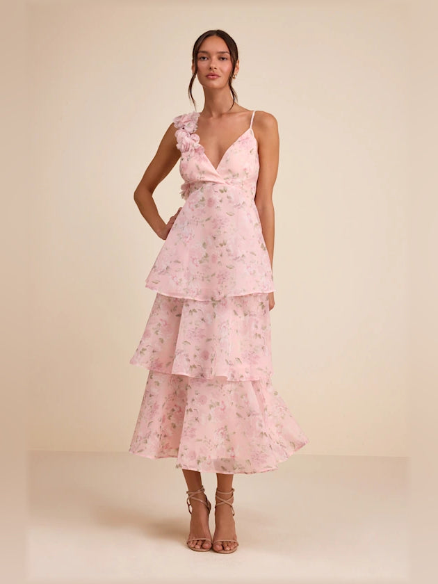 Daleyza light pink floral organza tiered midi dress, spaghetti straps, layered ruffles