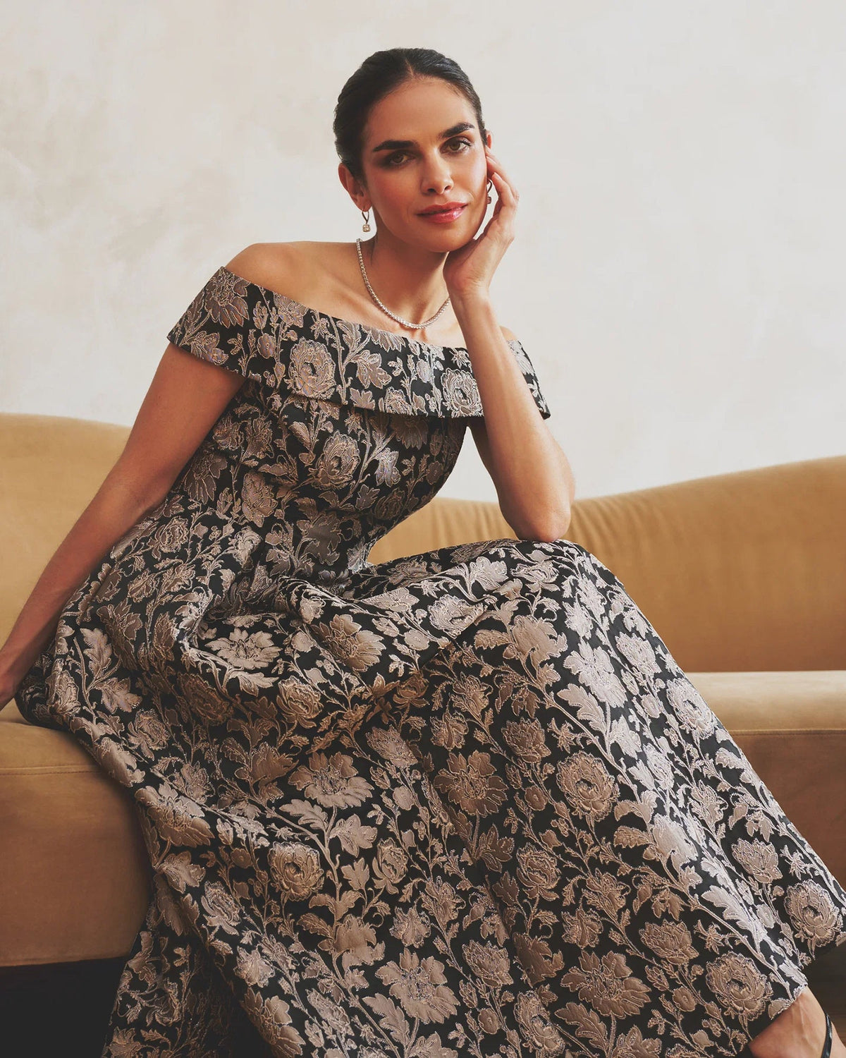 Off-shoulder A-line maxi dress in black with taupe floral embroidery, short sleeves