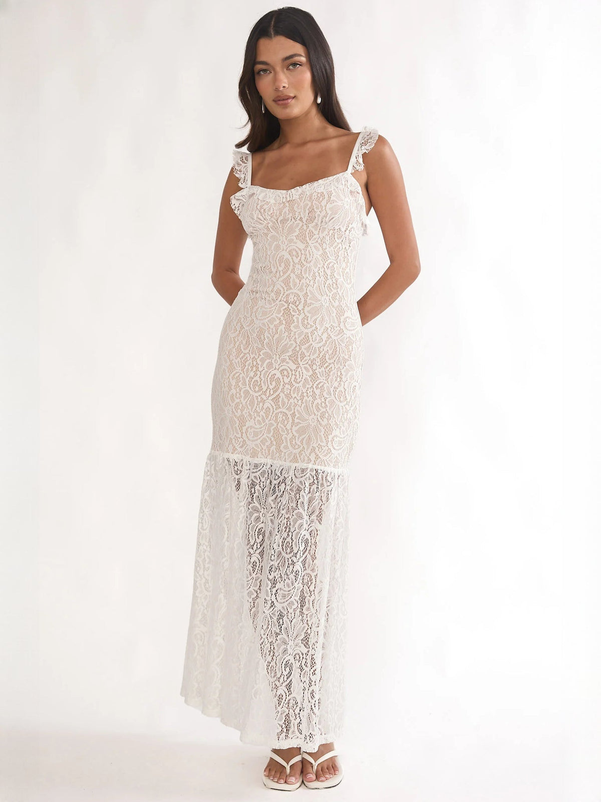 White sheath maxi formal dress with square neckline, full-length front view