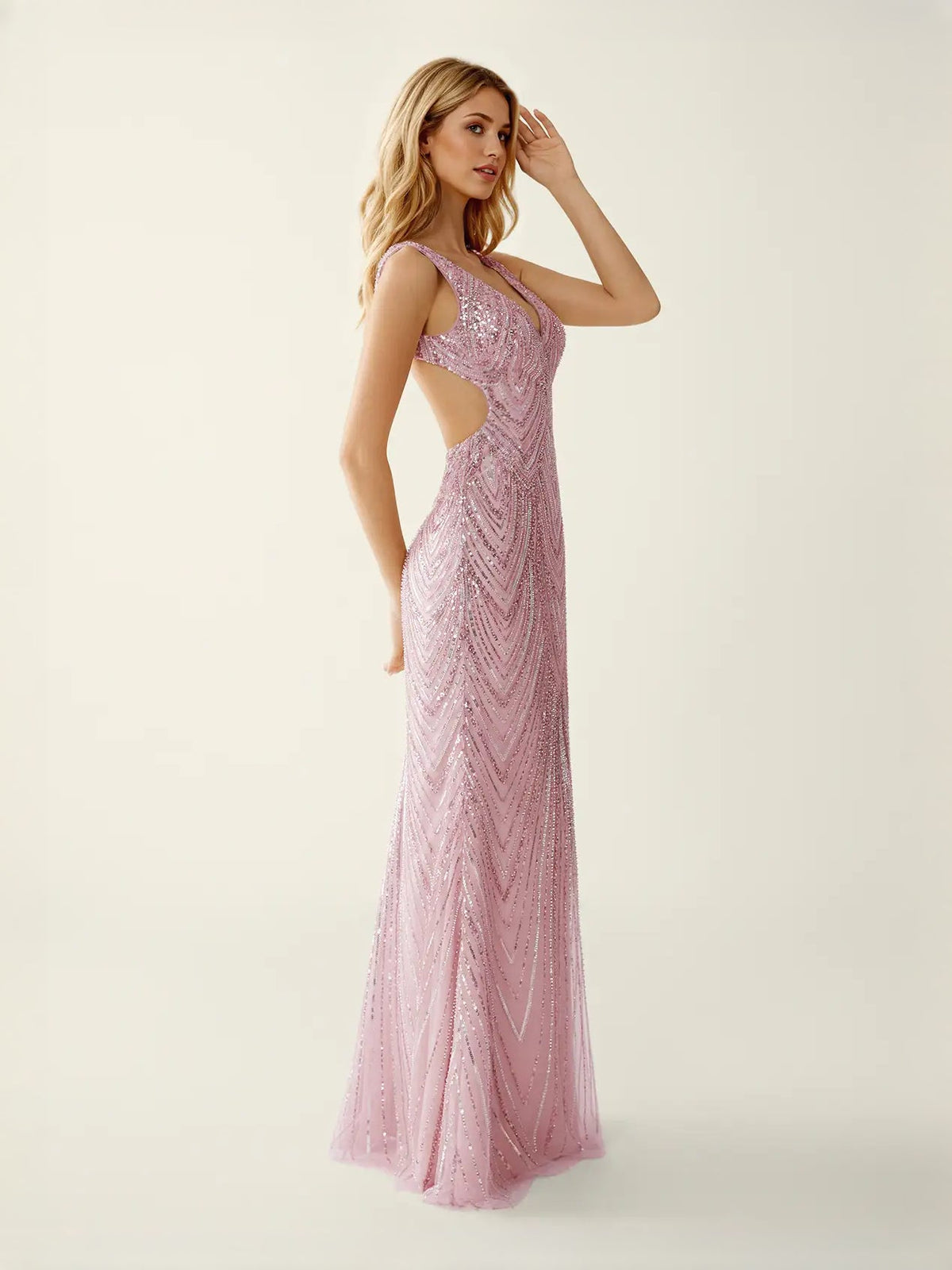 Light pink sequin mermaid maxi prom dress with V-neck, sleeveless, side view