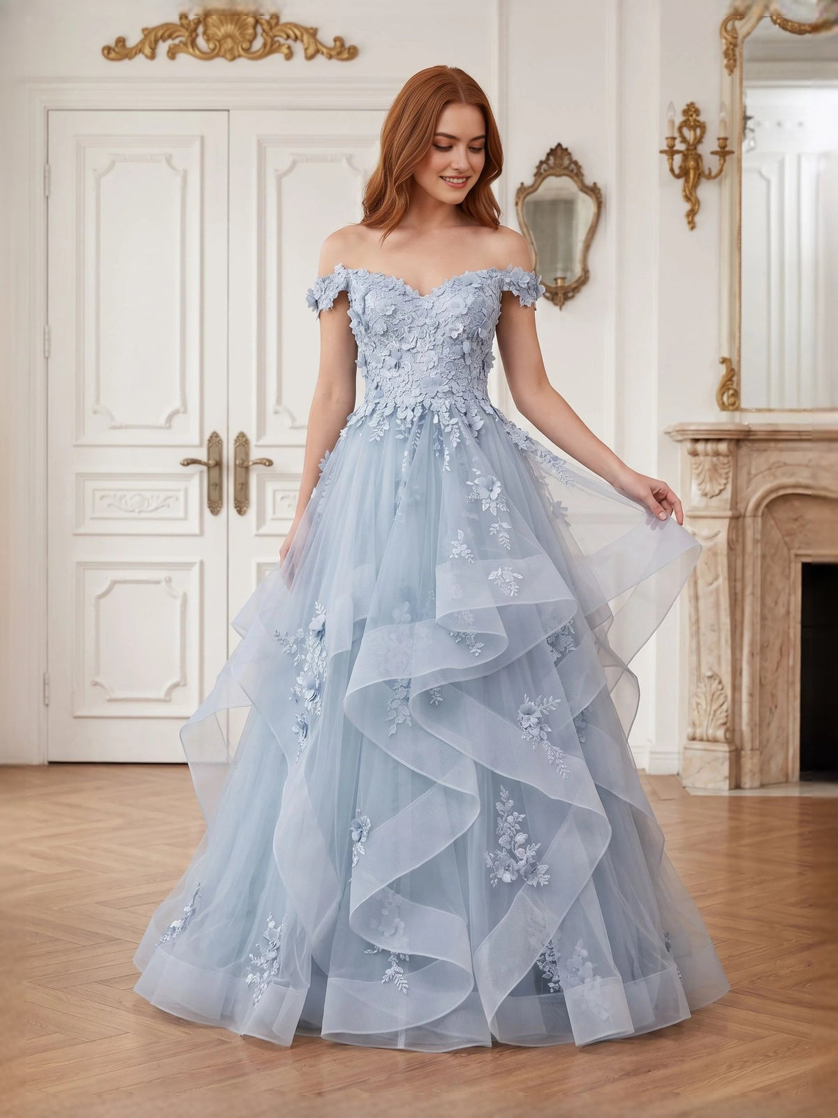Light blue off-shoulder sweetheart tulle ball gown with layered ruffles and floral appliques