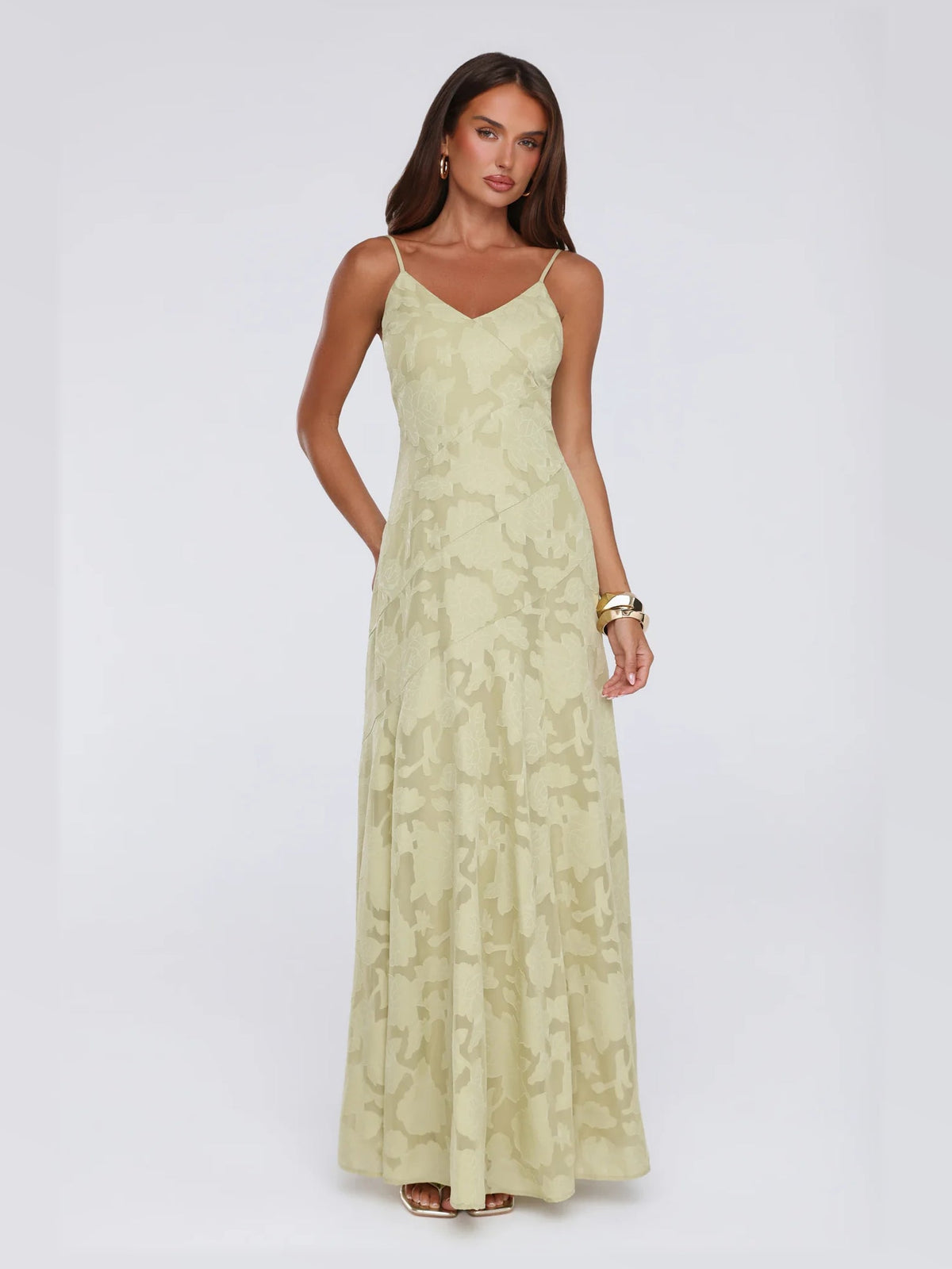 Sage maxi formal dress, front full-length view showing the neckline