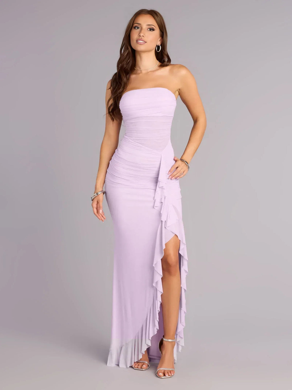 Lavender strapless ruched formal dress with ruffled hem and side slit