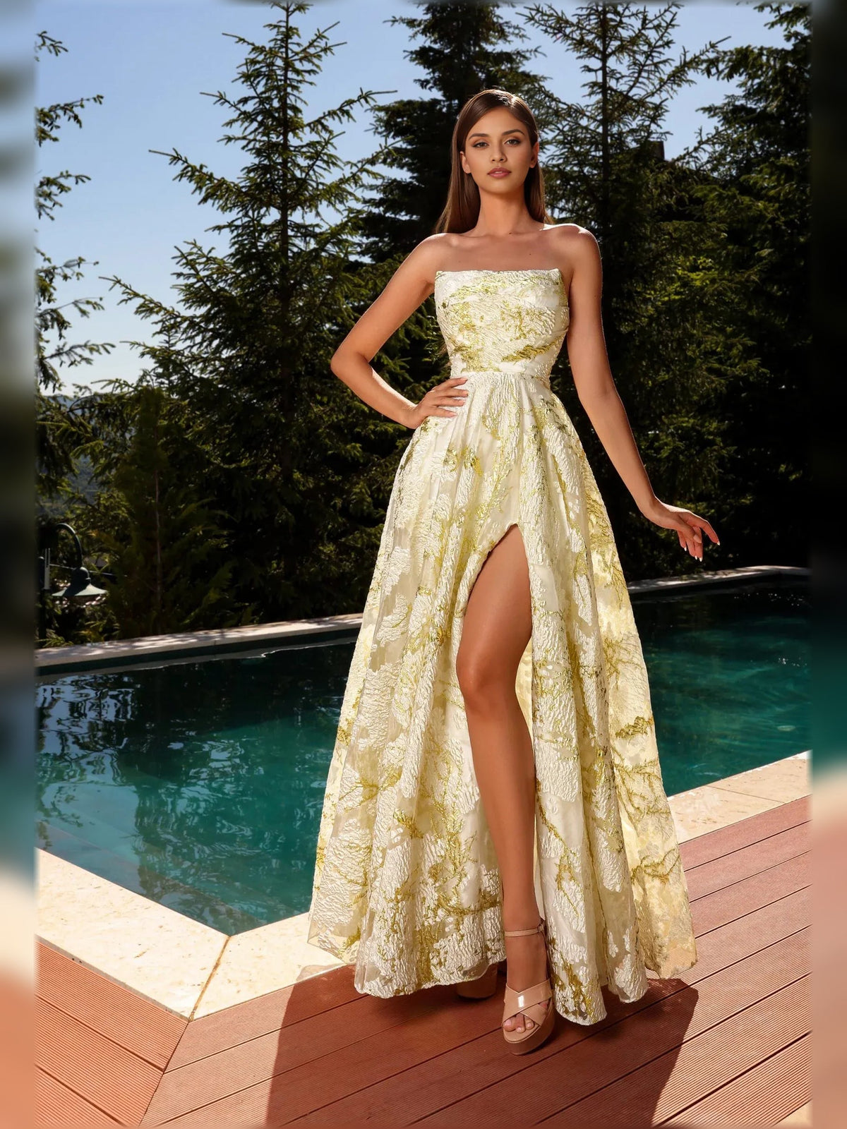 Strapless floor-length formal dress with gold floral print and high front slit