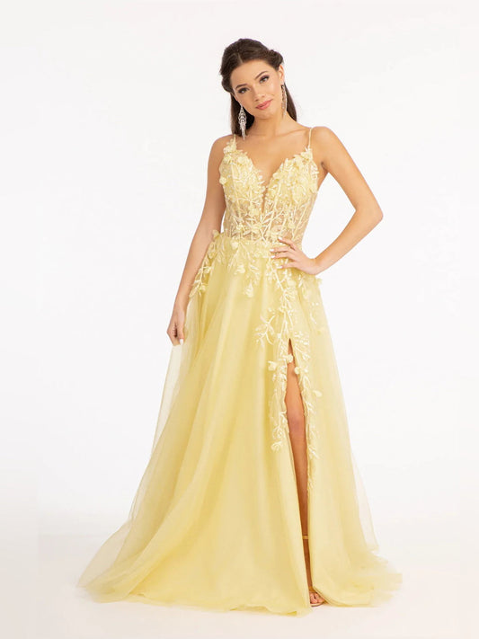 Yellow satin prom dress with V-neck, floral appliques, and thigh-high slit skirt