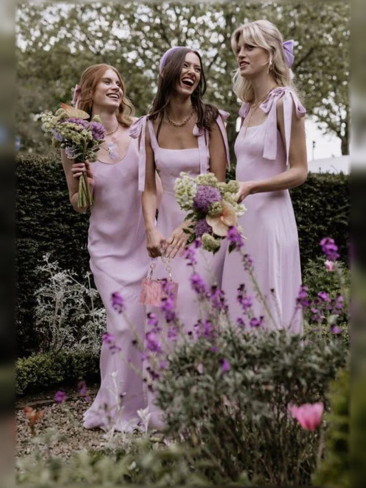 Pink satin A-line bridesmaid dress with square neckline and thin straps